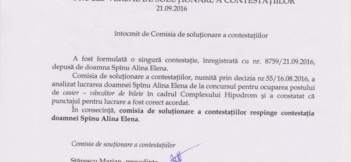 Rezultat contestaţie 21 septembrie 2016